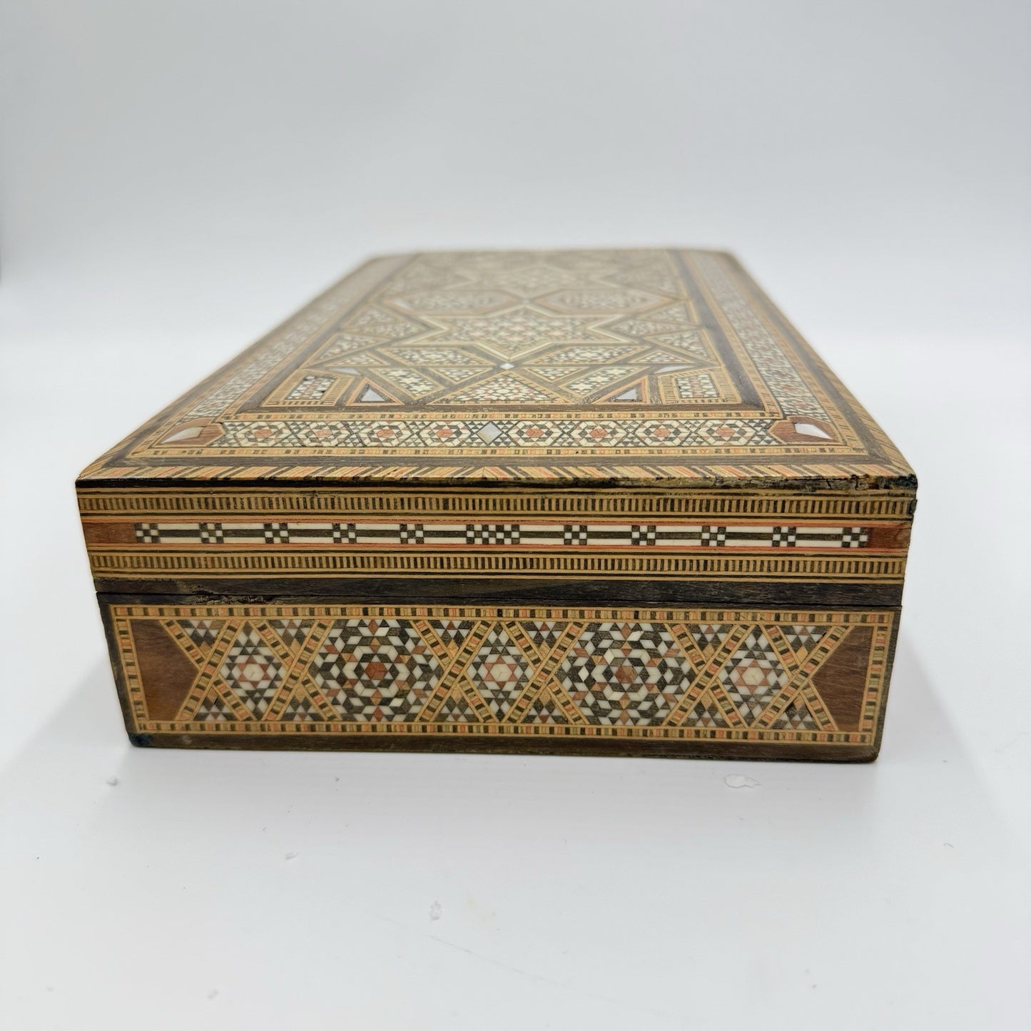 1950 Middle East Marquetry Mosaic Wood Inlaid Pearl Box Backgammon Inside