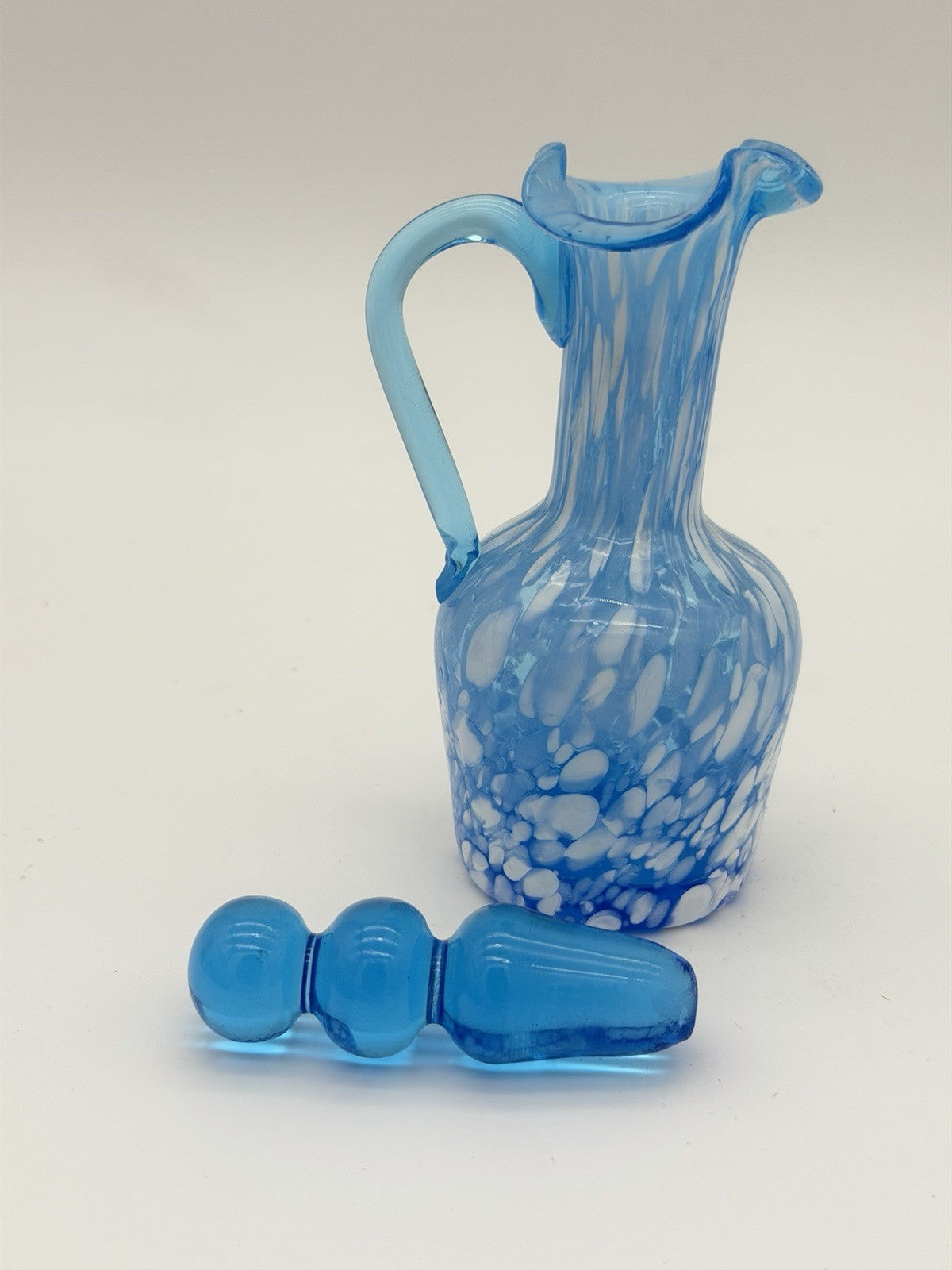 Rainbow Art Glass Cruet Blue Aqua White Spatter Milk Spots W/Stopper Vintage 6”H