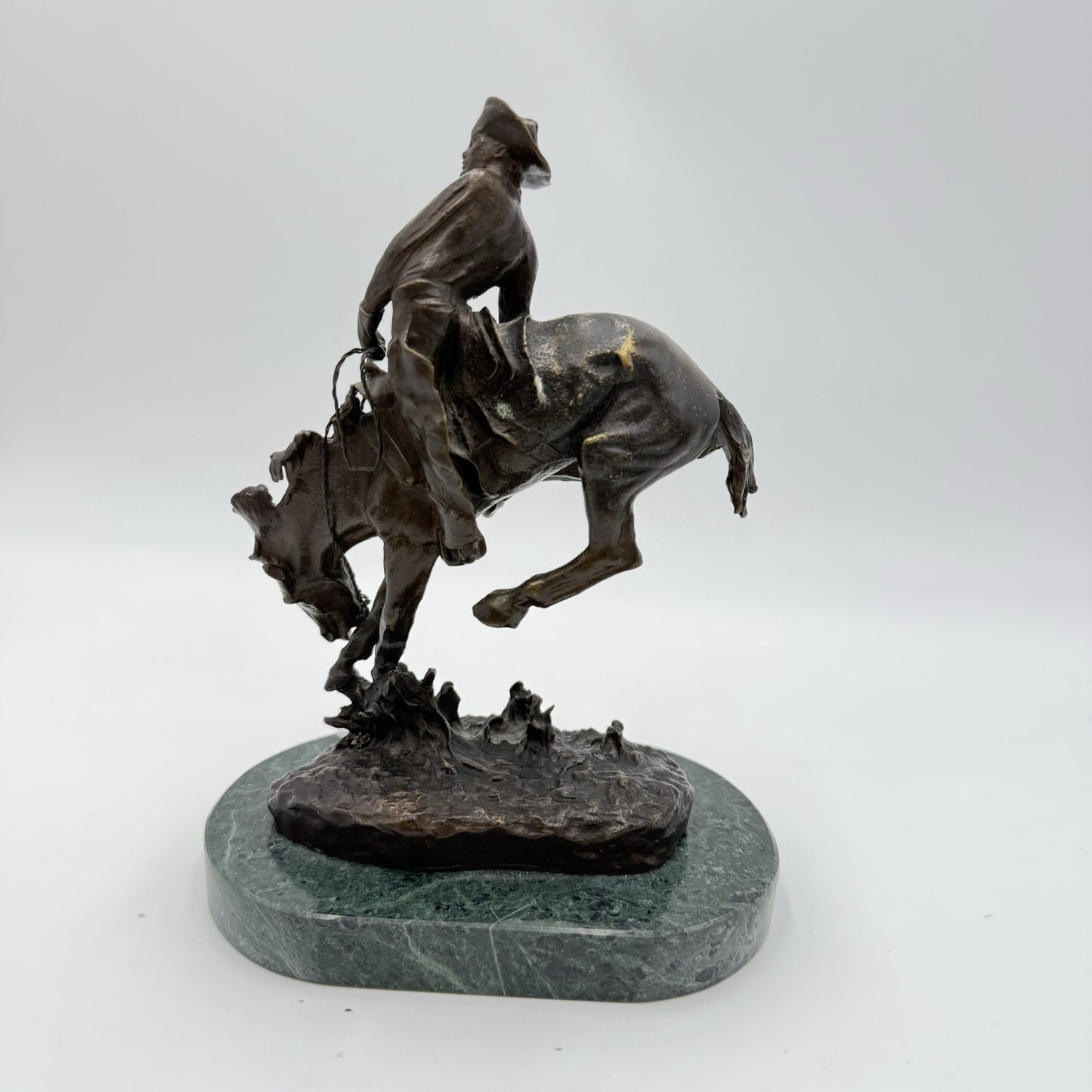 After Frederic Remington patinated bronze sculpture Outlaw Marble Base 8”