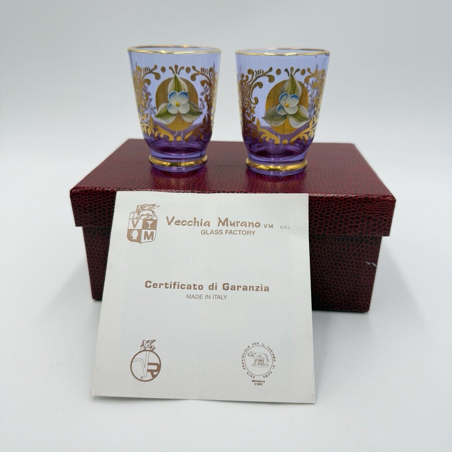 Murano Art Glass Vecchia Italy Lavender Shots Pair Glasses Set 2 Box /COA Vintag