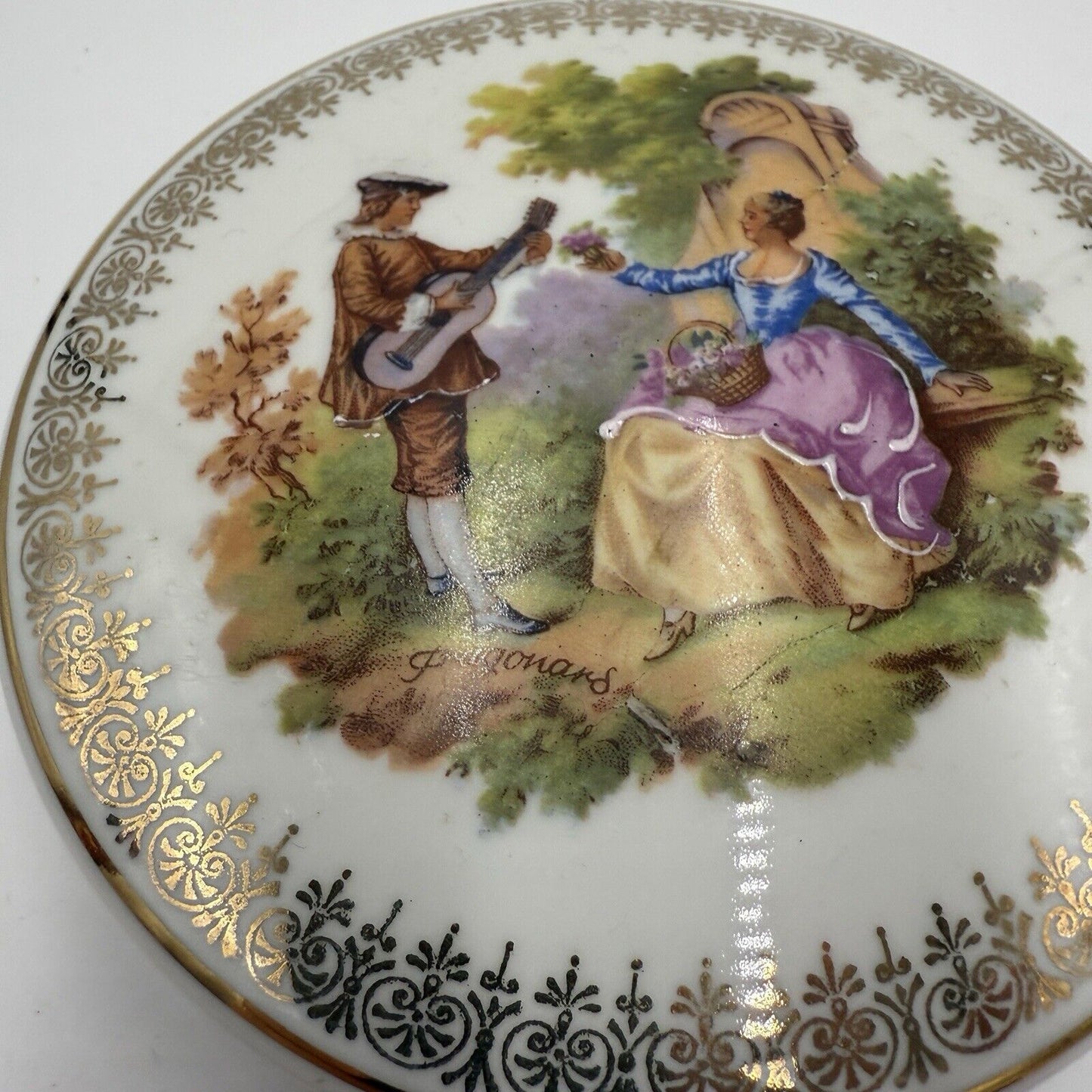 Vintage Limoges France Porcelain Fragonard Art Covered Trinket Box Gold Romantic