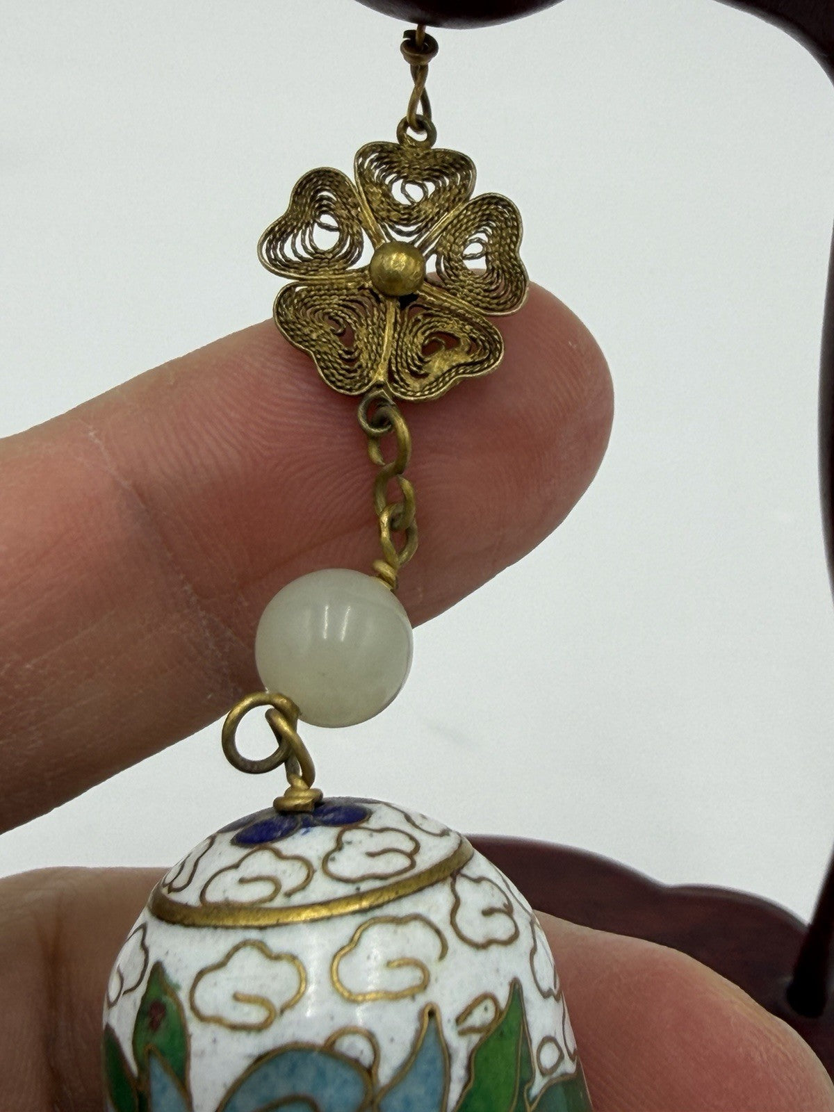 Vtg Chinese Cloisonne Enameled Bell Hanging On Wood Stand 5.75"H White Gold