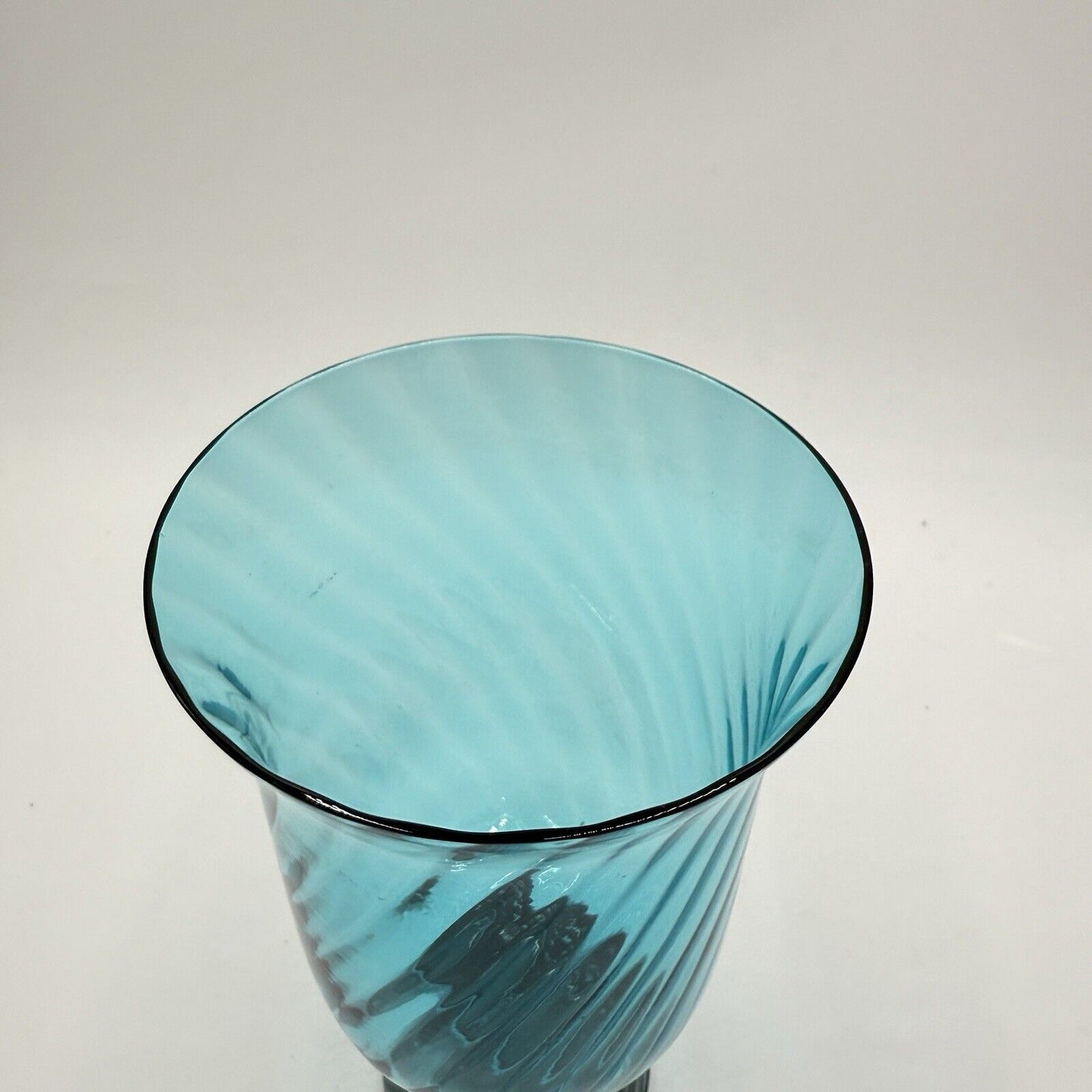 MCM Empoli Italian Handblown Art Glass Swirl Optic Teal Pedestal Vase 8.5"