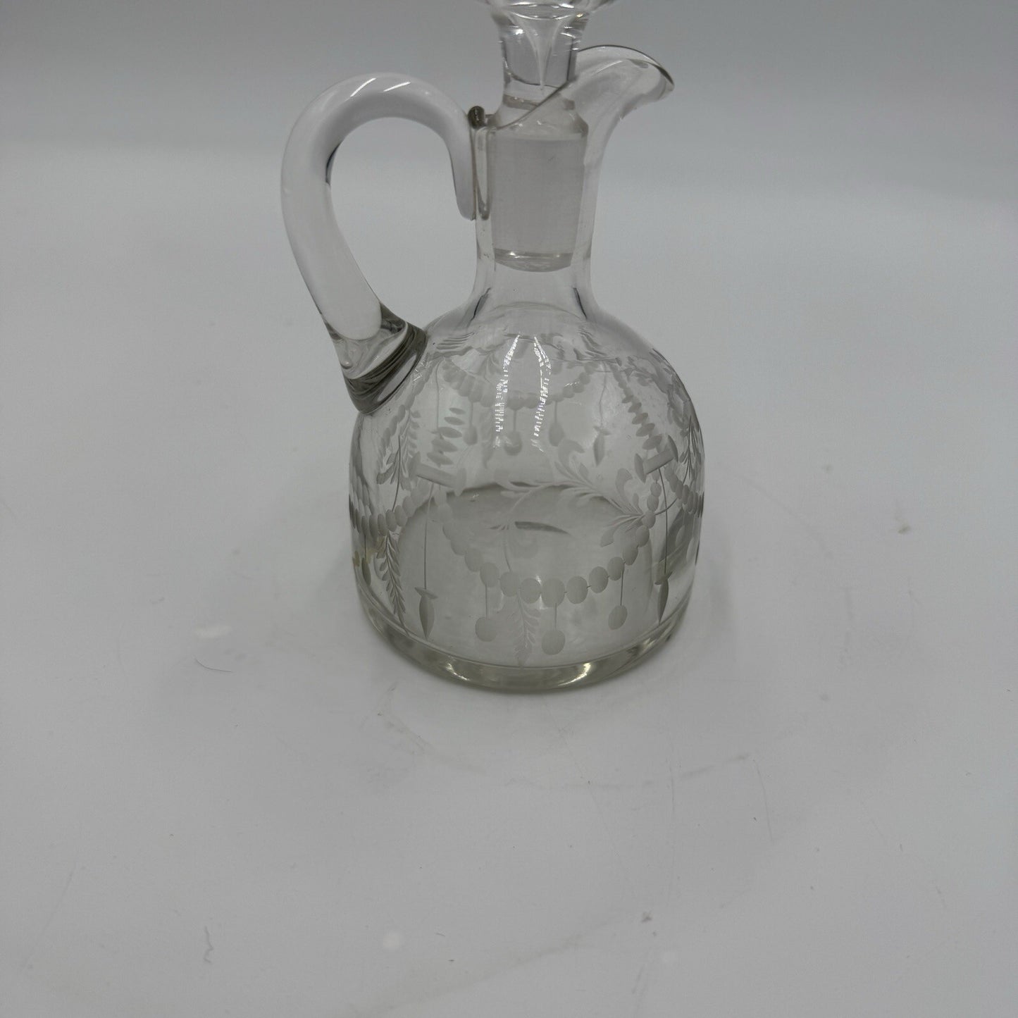 Antique Hawkes Etched Oil & Vinegar pitcher W/ Glass Stopper Rare Signed 5.5in