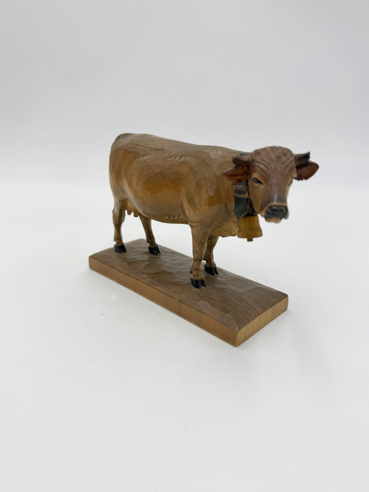Swiss Folk Art Wood Carving Cow Signed HF Figurine Antique Switzerland 3.5”H X6”