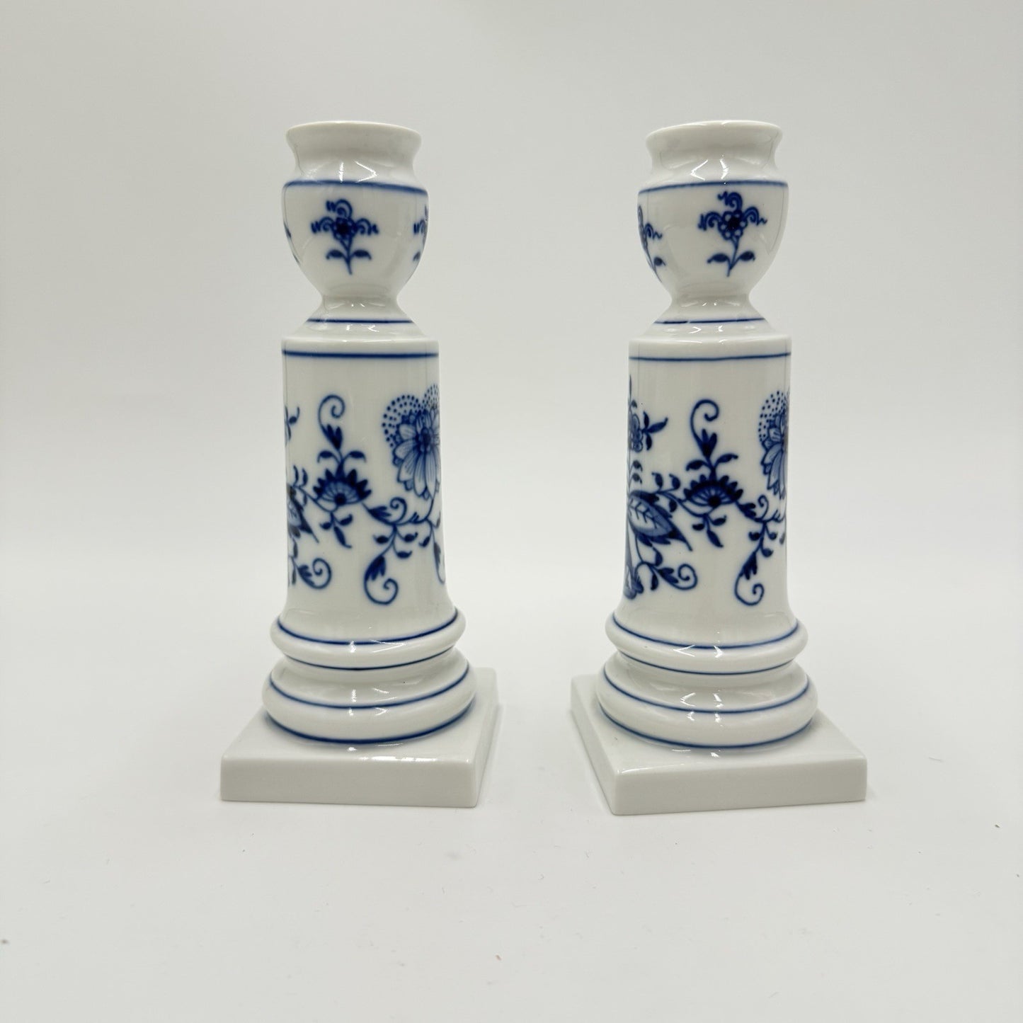 Antique Meissen Porcelain Blue Onion Candle Holder 6” Pair Germany Hand Painted