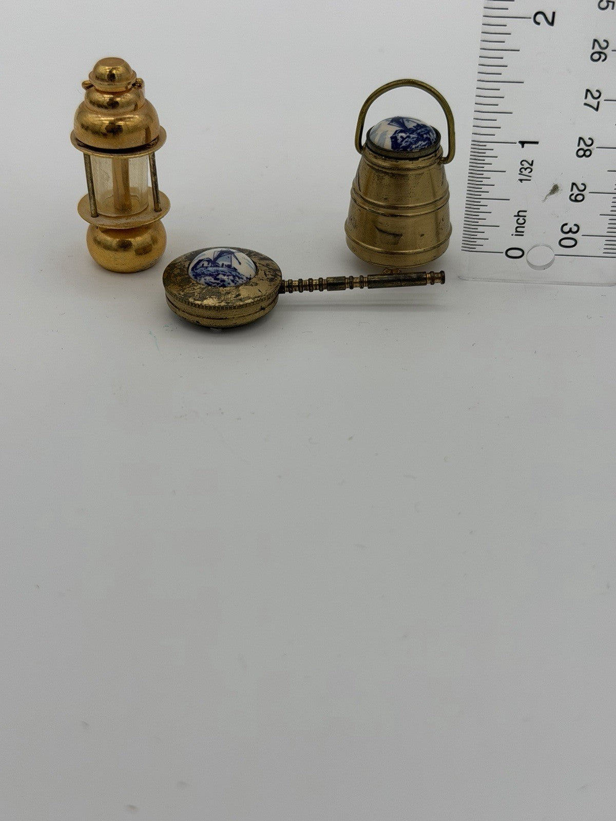 Vintage Brass Dutch Miniatures Dollhouse Holland Enamel Blue Delft 3 Pcs