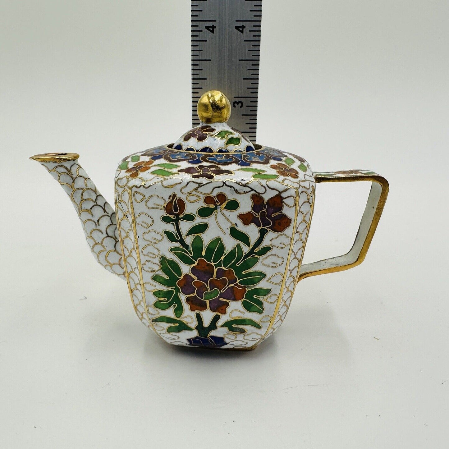 Cloisonné Teapot Miniature Chinese Flowers Floral 3in Detail Antique Home Decor