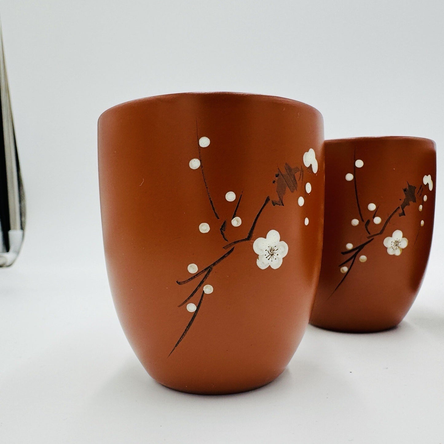 Yizing Zisha Zhu Terracota Plum Floral Tea Cups Set Signed 4 Pieces