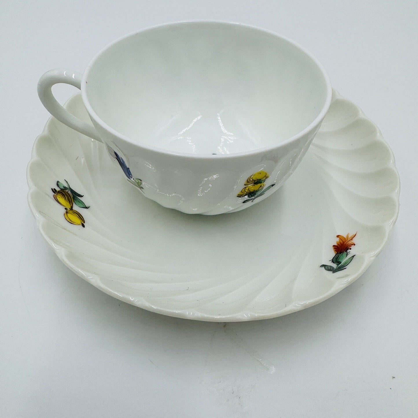 Nymphenburg Teacup & Saucer Porcelain Germany Welle Ribbed 1632 Floral Antique