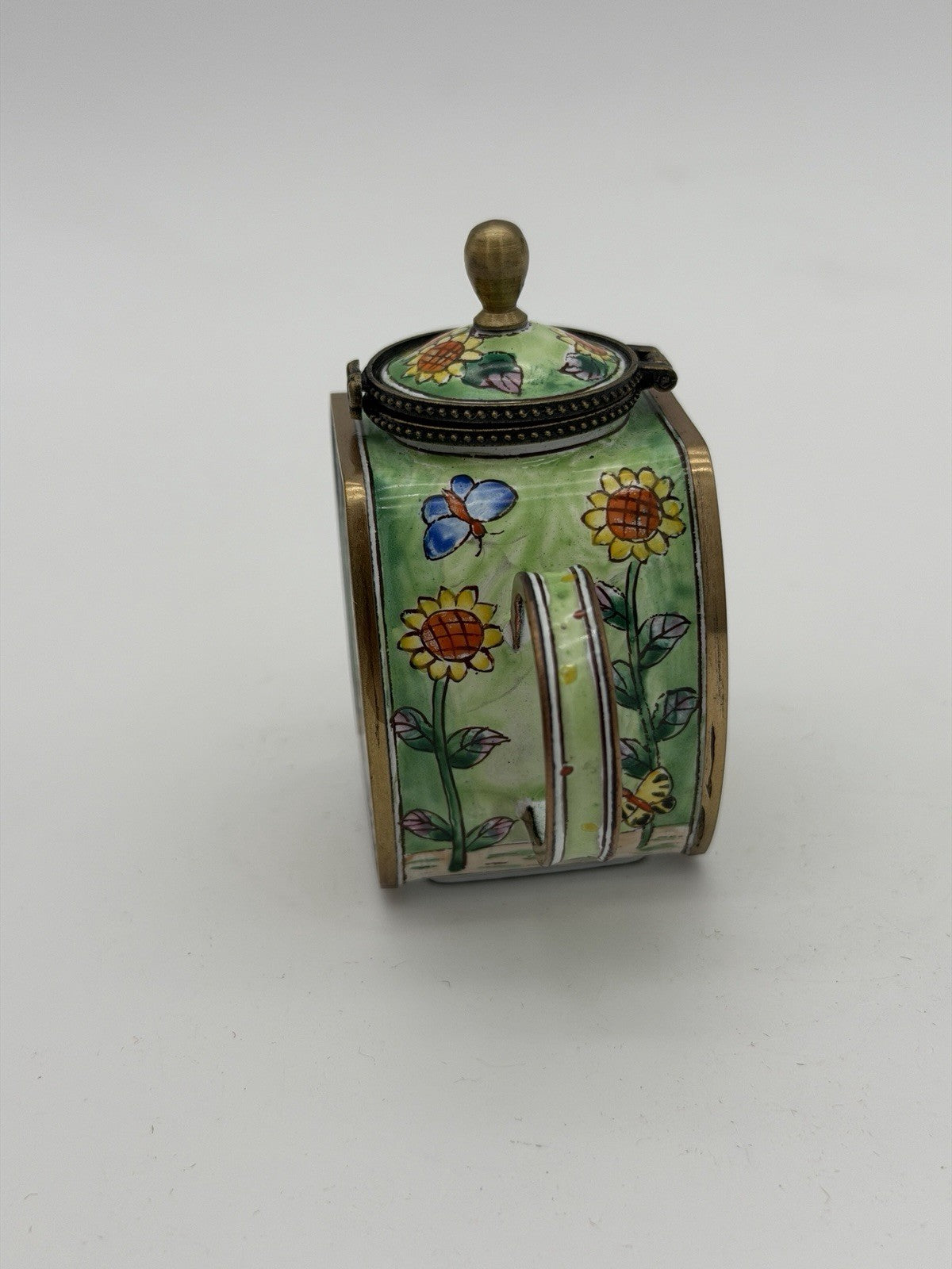 Kelvin Chen Enamel Teapot Trinket Box Rooster Butterflies #2323 Miniature Vtg