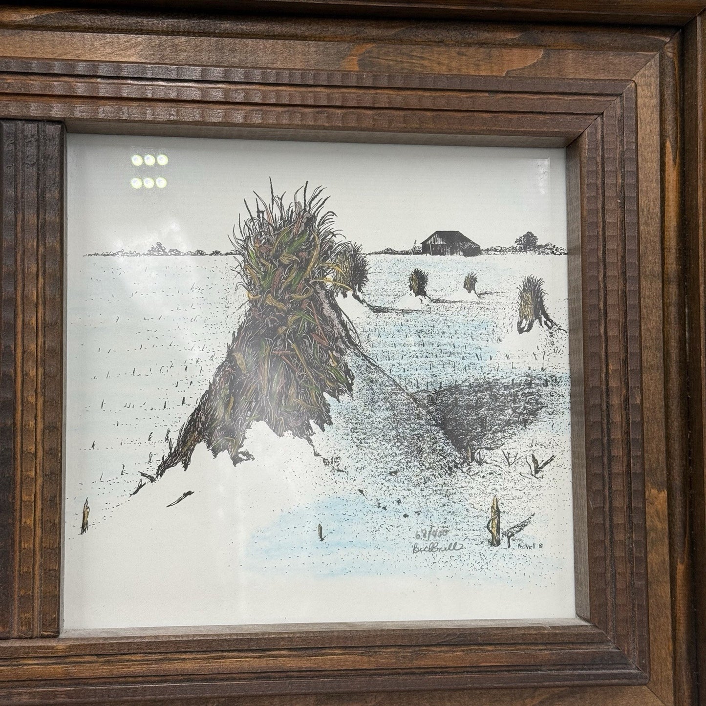 Nancy Bicknell 1984 Ink Watercolor Signed Print 3-1 Country Across Wooden Frame