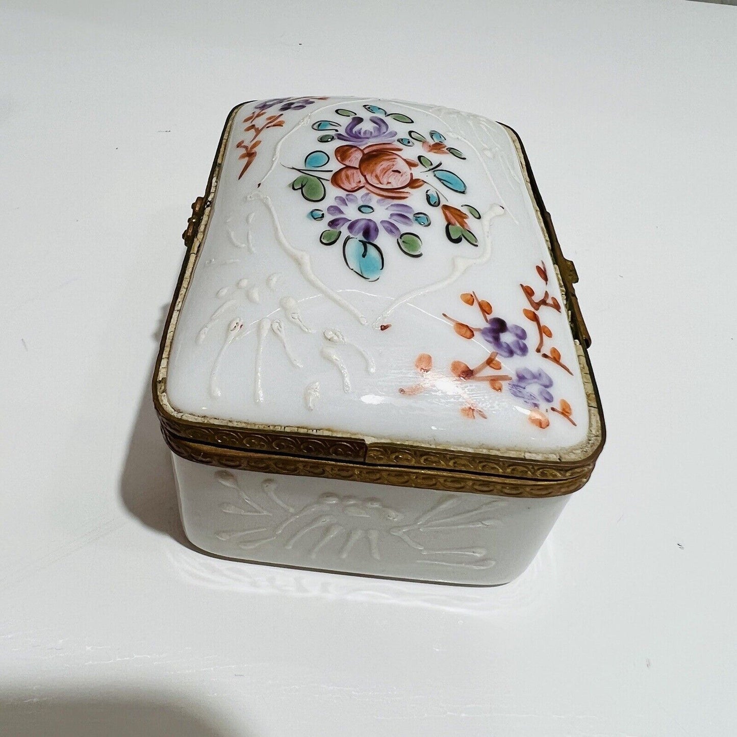 French Trinket Box Porcelain Floral Decoration Made In France with Lid Antique