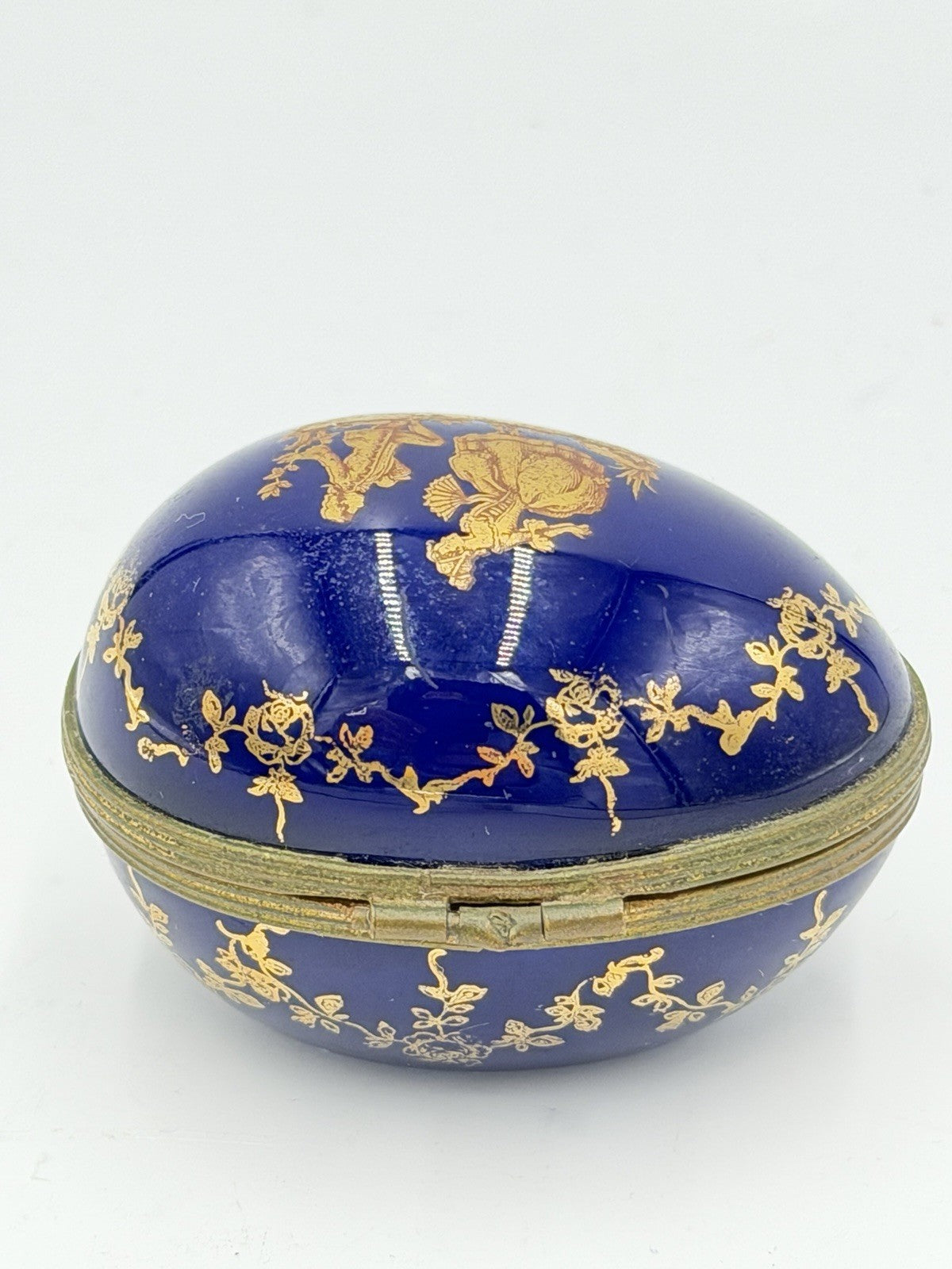 Limoges France Cobalt Blue Gold Courting Couple Porcelain Egg Trinket Box
