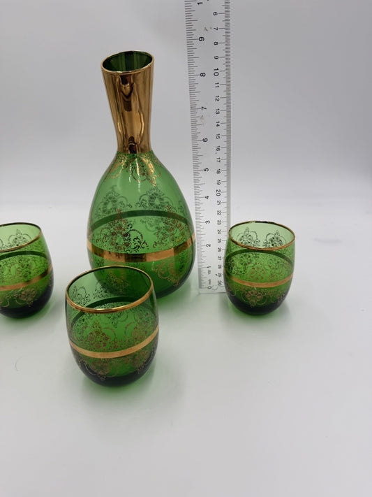 Vintage Murano Art Glass Italy Ferro & Lazzarini Decanter Set Green Emerald 4 Pc