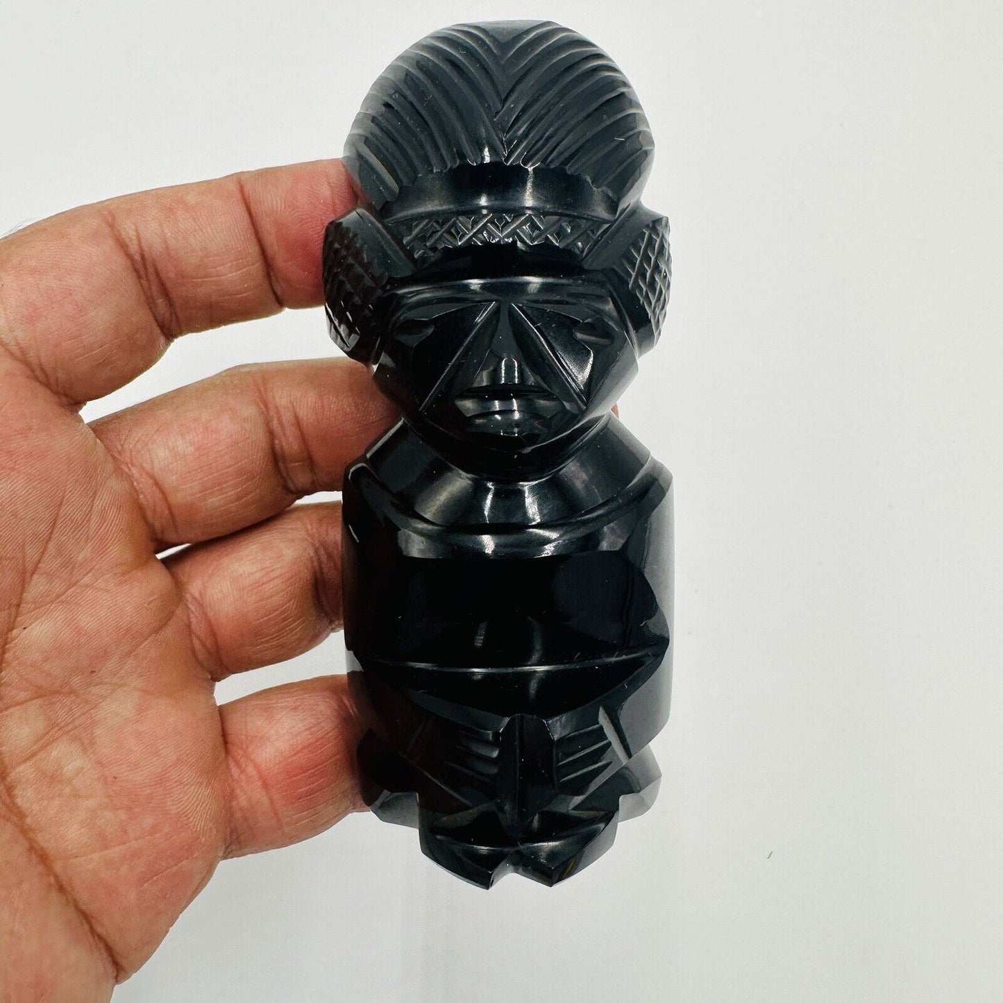 Black Obsidian Gold Sheen Hand Carved Aztec Mayan Idol Figurine 4.5in