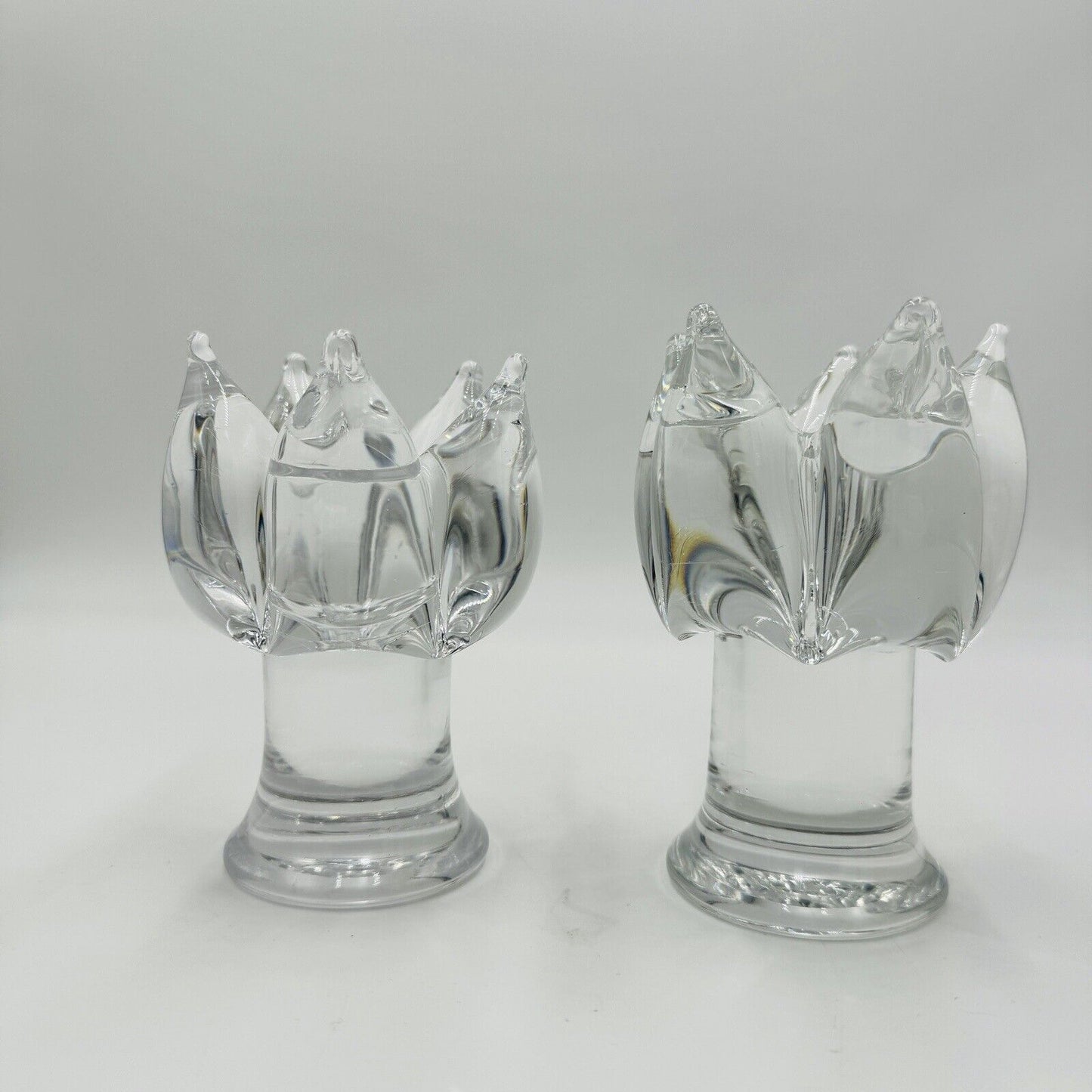 2 Kosta Boda Goran Warff Clear Glass Candlestick Holders 5.25in Signed Vintage