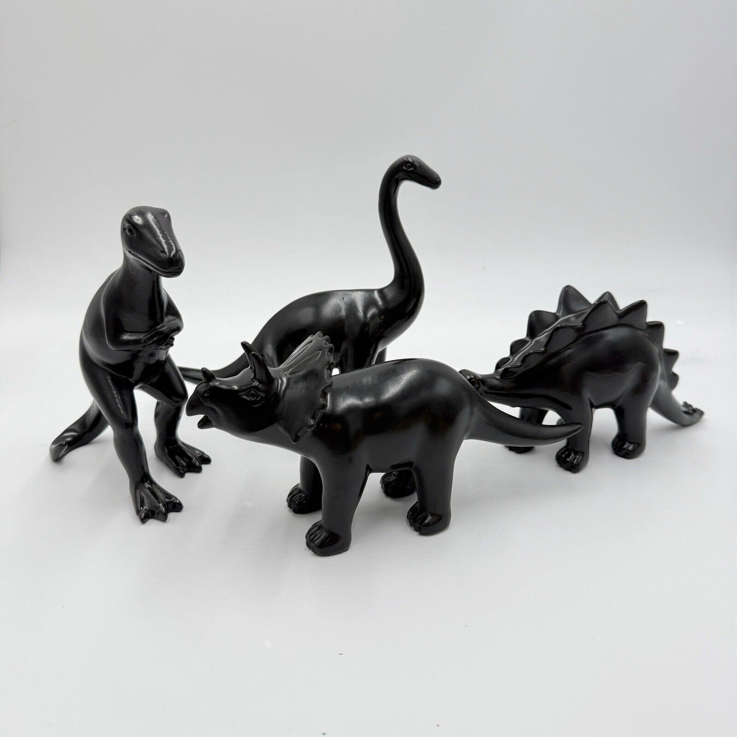 Wooden Dinosaurs Black Solid Carved Set 7” Toys Decor Painted Art Figurines