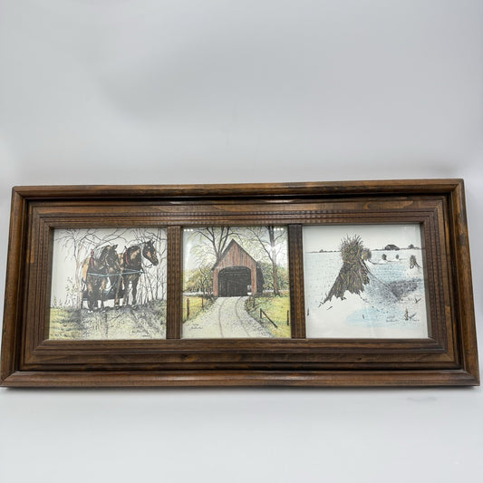 Nancy Bicknell 1984 Ink Watercolor Signed Print 3-1 Country Across Wooden Frame
