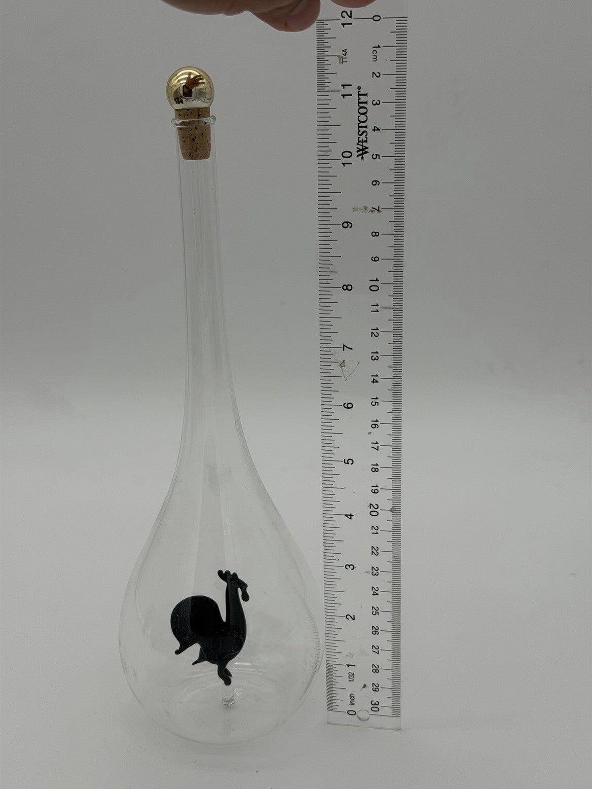 Cristalica European handblown glass gift bottle W/ Black Glass Rooster Figurine