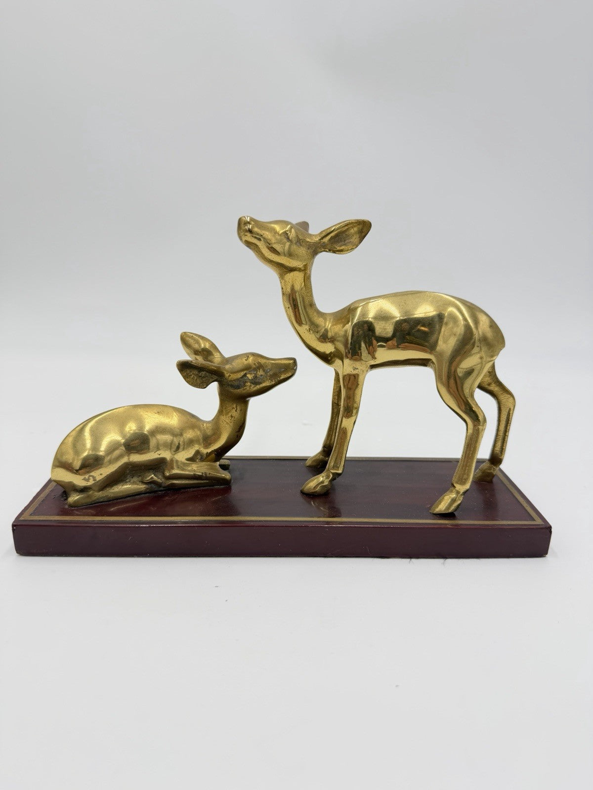 Vintage Gatco Solid Brass Deer Set on Wood Stand Woodland Figurines 6”x9”