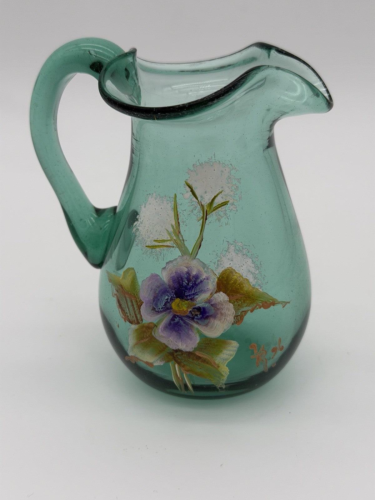 Vintage Joe Deanda Art Glass Pitcher Green Painted Pansies 4.5”H