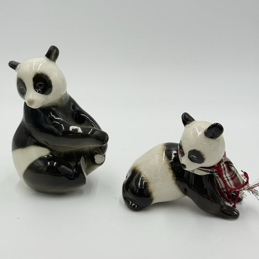 VINTAGE  Lomonosov Glazed Porcelain Panda Bears USSR 5” Mom and Baby Figurines