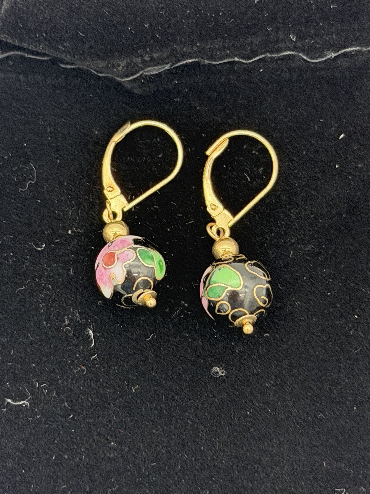 Vtg Pair of Earrings 14K Gold Cloisonne Flower Ball Drop Dangle Signed ZZ 585