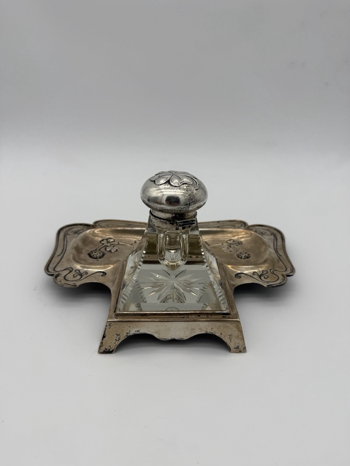 Antique Brass Art Nouveau Writing Desk  w/ Cut Glass Inkwell Embossed Shamrock