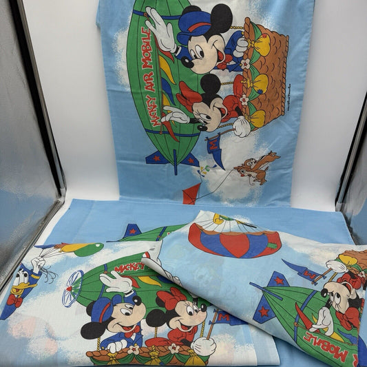 Walt Disney Mickey Air Mobile Double Sheet Set Flat Fitted 2 Pillowcases Vintage