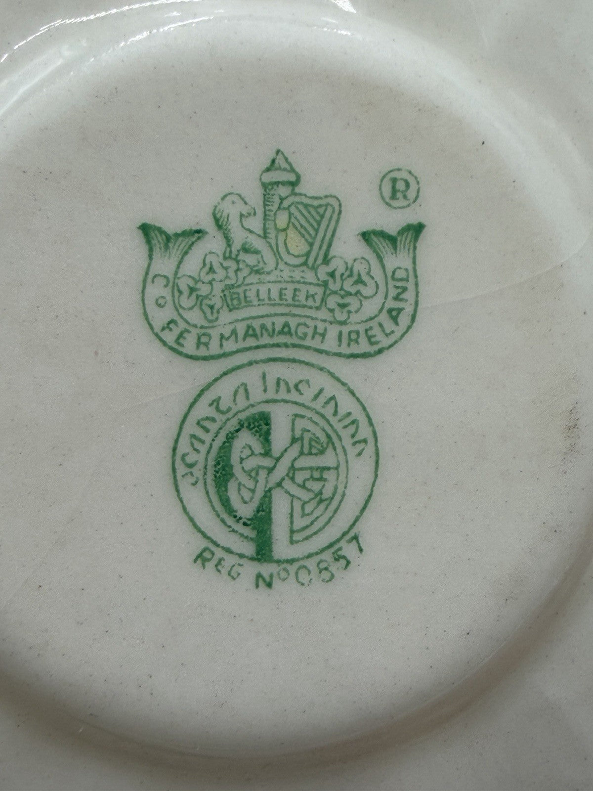 Belleek Neptune Yellow Seashell Footed Demitasse Tea Cup & Saucer Green Mark