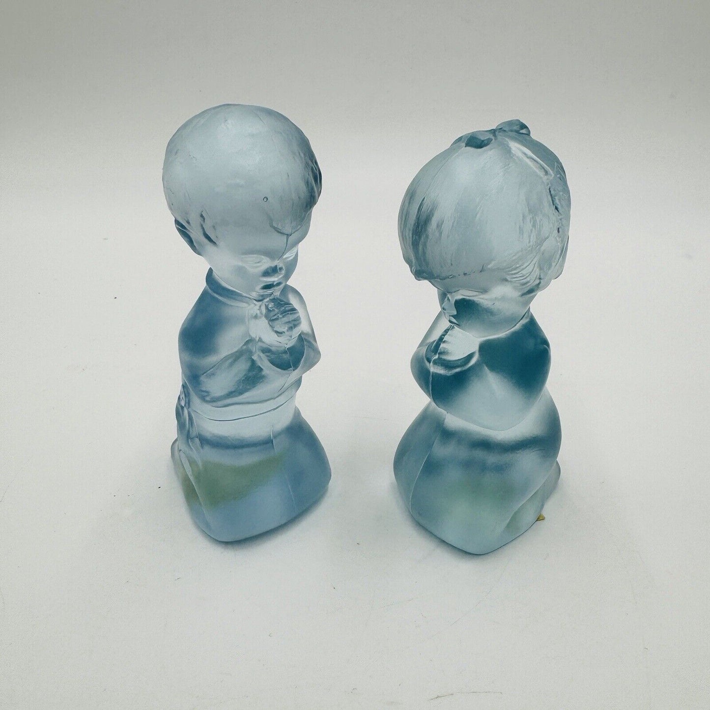 Fenton Art Glass Frosted Babies Blue Girl & Boy Kneeling Praying Figurines 3.5in