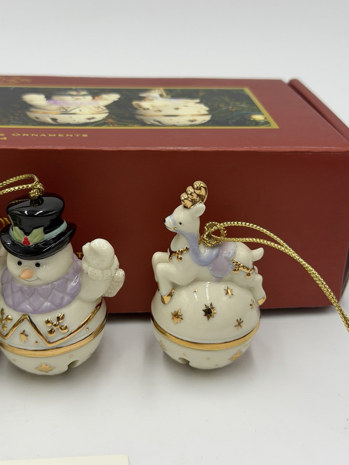 Lenox Porcelain USA Mini Sleigh Bells Ornaments Set Of 4 Reindeer Santa Snowman