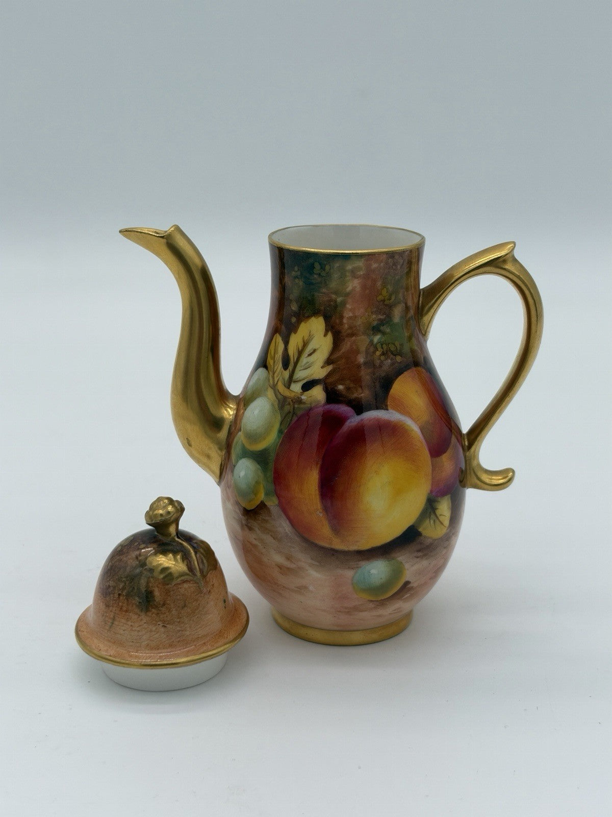 Royal Worcester England Porcelain Hand Painted 5” Teapot Orchard Peaches Gold