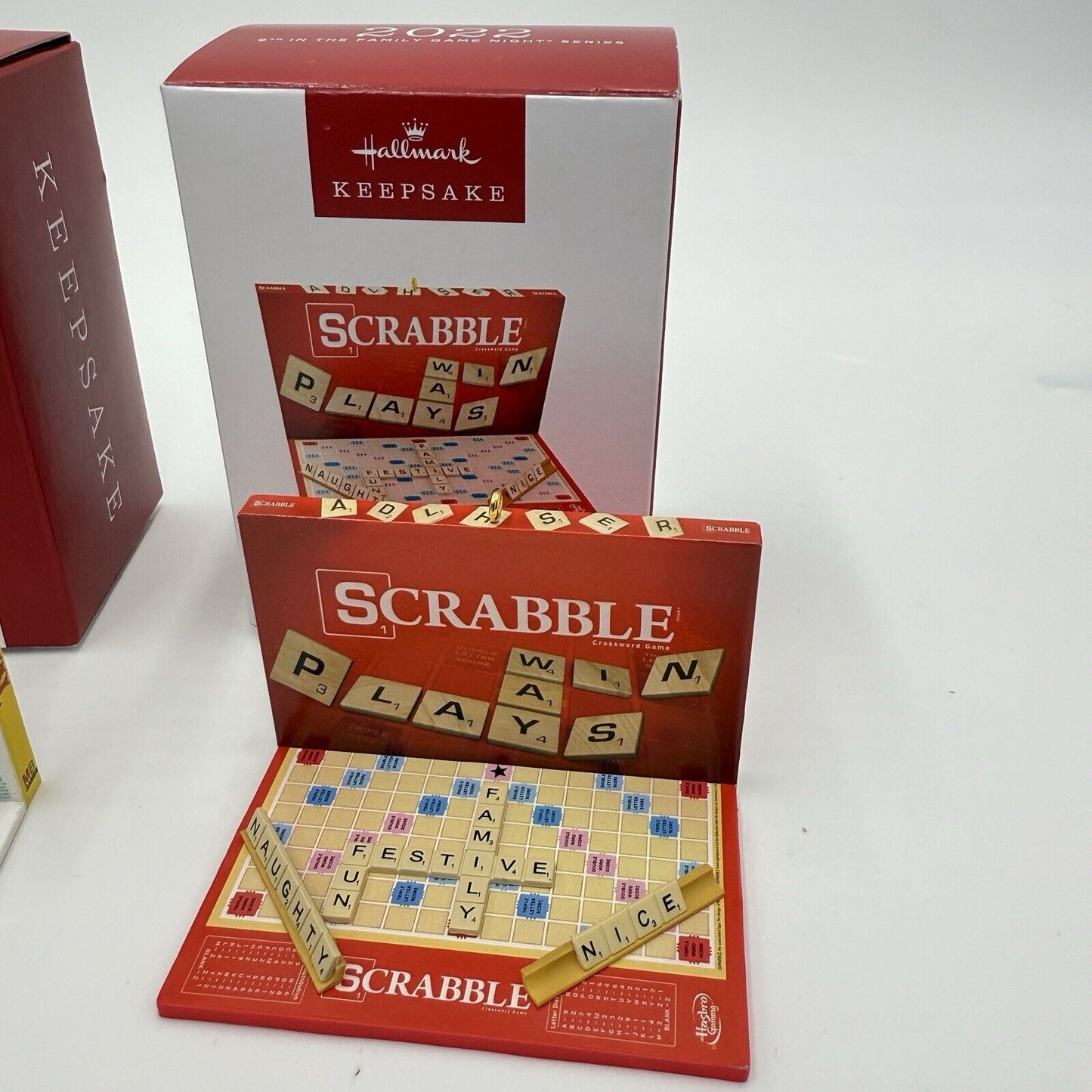 Hallmark FAMILY GAME NIGHT Ornaments 2021 TWISTER & 2022 SCRABBLE NIB