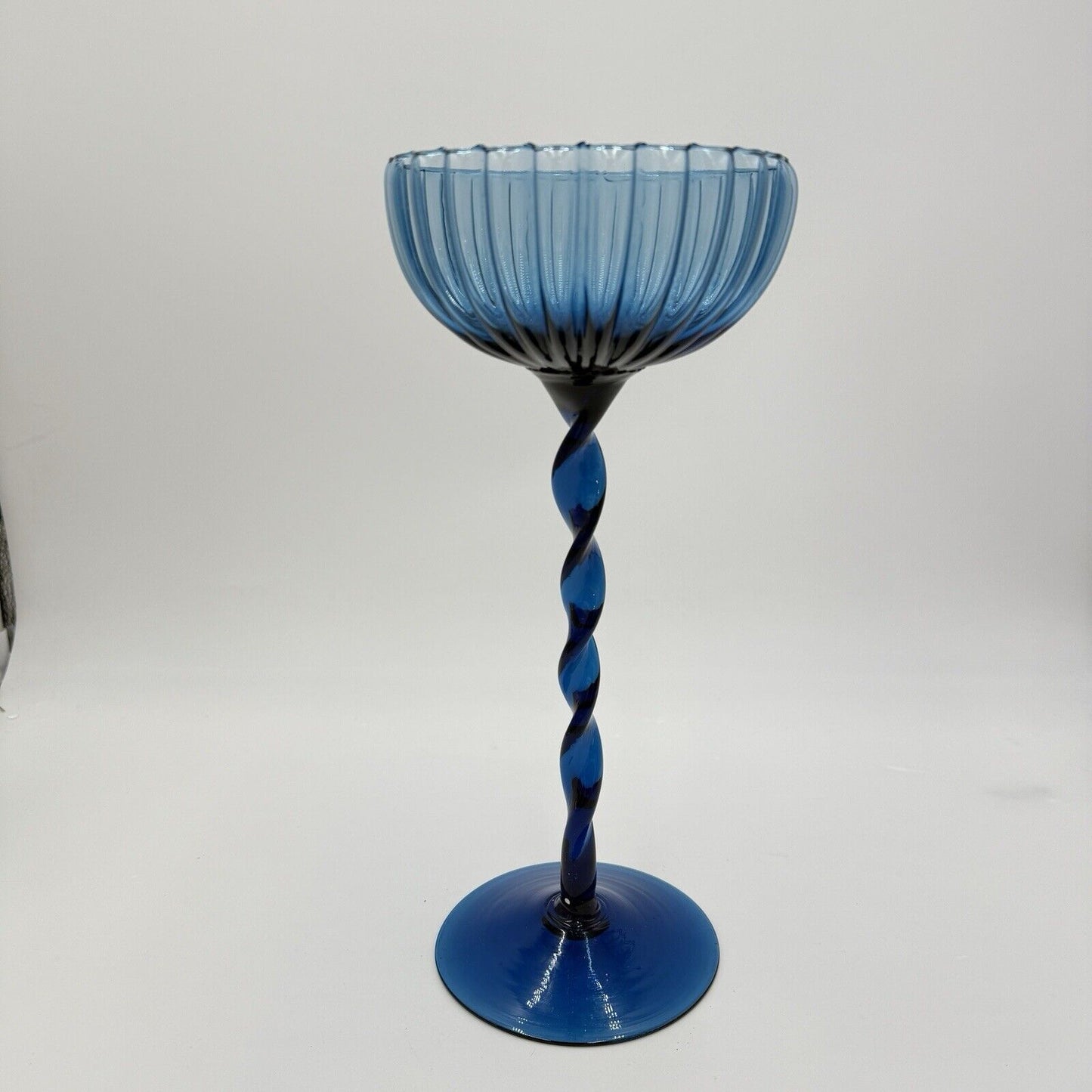 Vintage Empoli Italy Ribbed Optic Glass Twisted Stem Blue Compote 13”x6” MCM