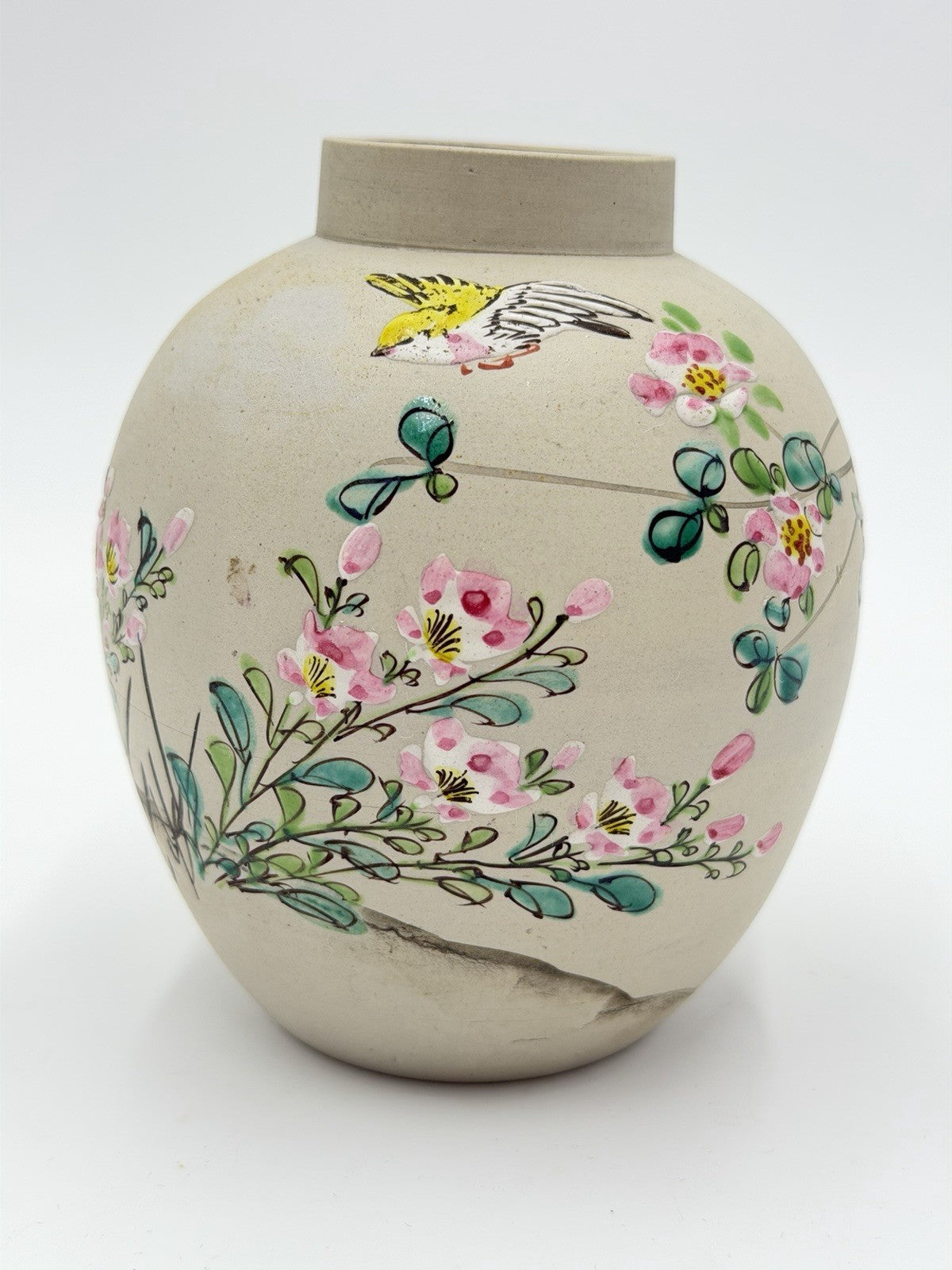 Antique Japanese Pottery Cherry Blossom Yellow Goldfinch Painted Vase 5”H
