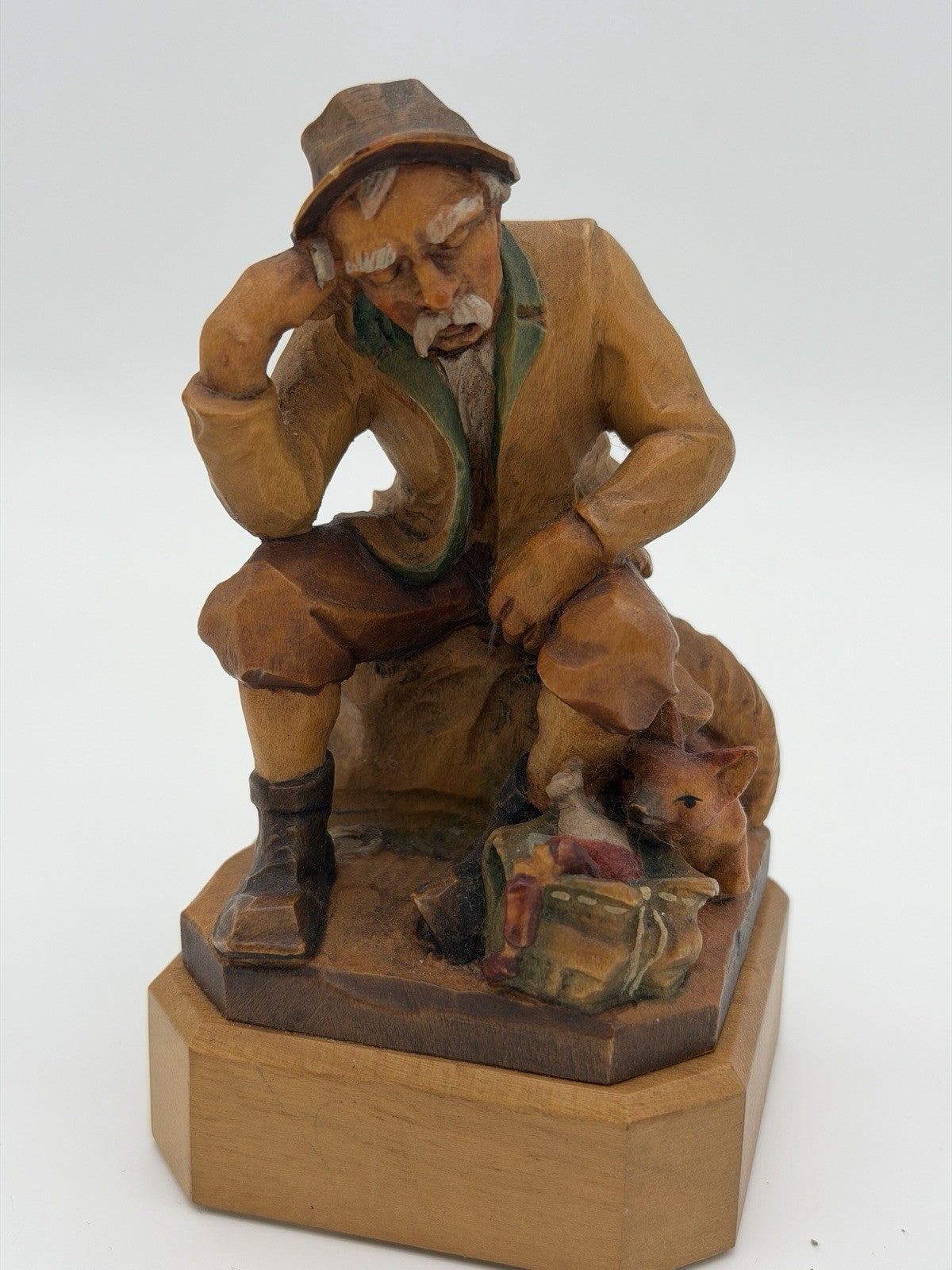 Anri Italy Folk Art Hand Wood Carved Hunter Man Rifle Fox Figurine 5" Vtg 1950