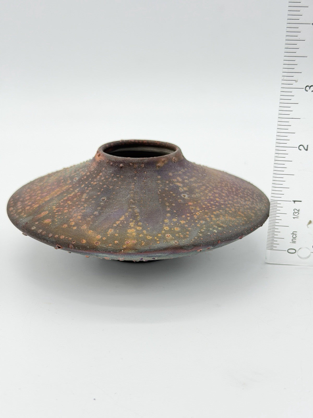 Rare Norman Bacon Raku Glazed Squat Form Studio Art Pottery 2”x5” Vase Signed