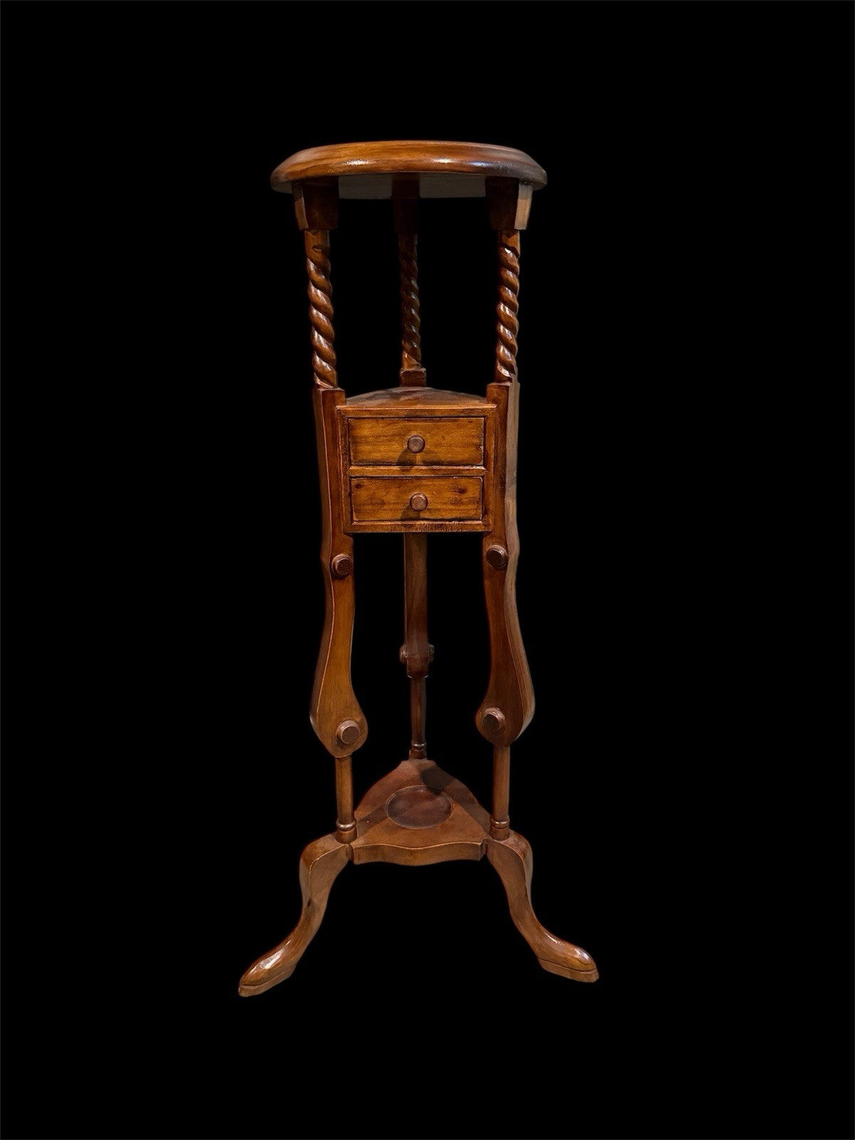 Victorian Mahogany Two Drawer Barley Twist Pedestal Plant Stand Wood Table 34”H