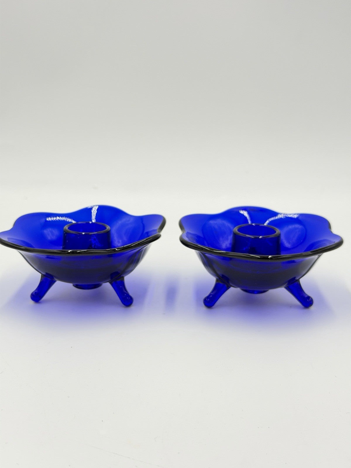 Fenton Art Glass Blue Cobalt Footed Candle Holder Set 2 PCs Vintage