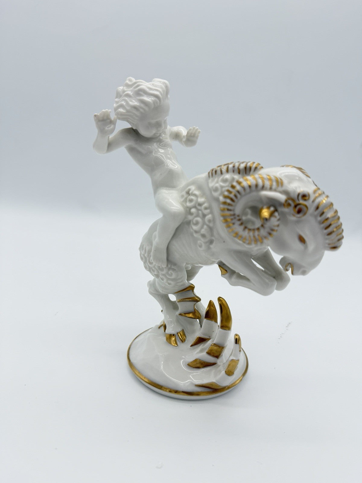 Hutschenreuther Art Deco porcelain High Spirits putto riding ram figurine 7”