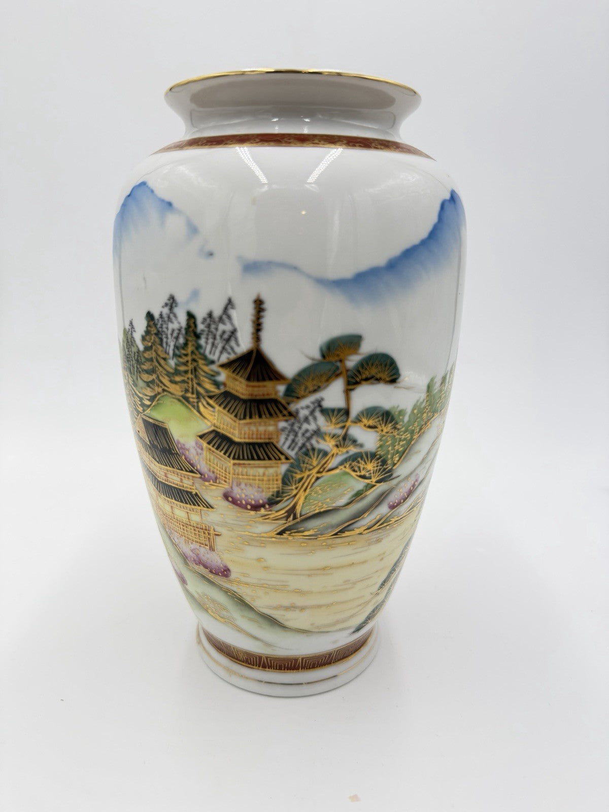 Antique Japanese Porcelain Satsuma vase Meiji period pagoda mountain 8.5”H