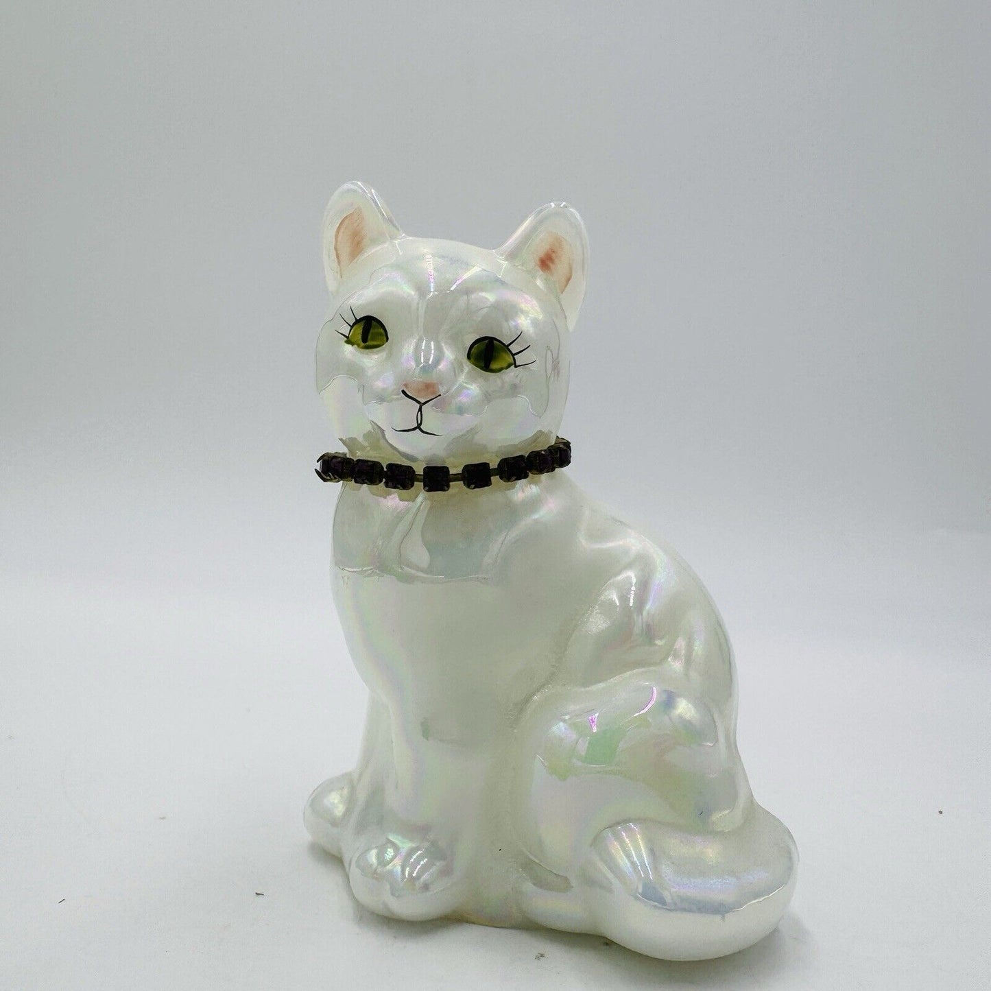 Vintage Fenton Art Glass Birthday Cat Iridescent  Figurine Signed