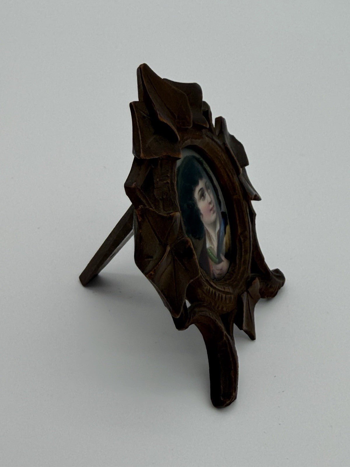 Antique Black Forest Carved Frame Painted Porcelain Young Portrait Miniature 3”H
