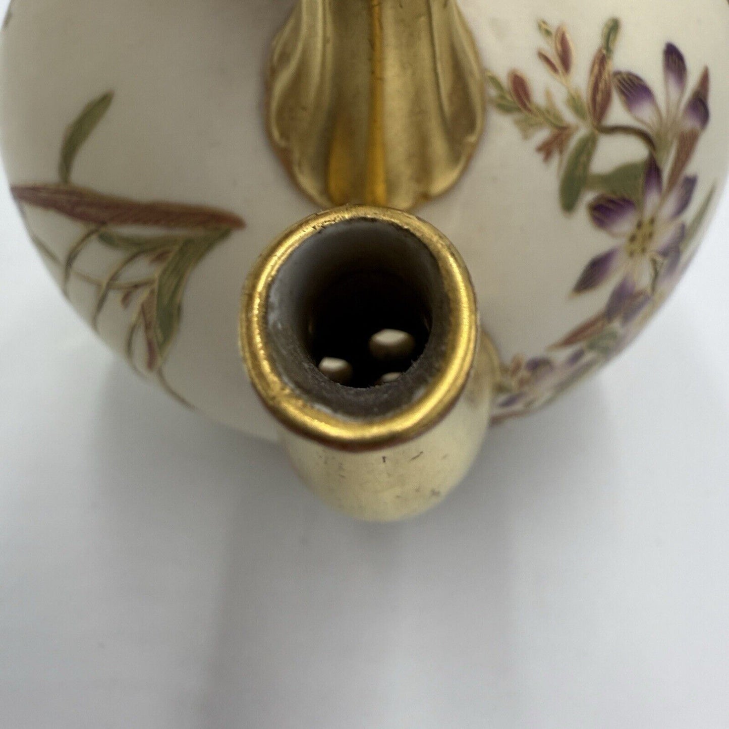 1885 English Victorian Royal Worcester Porcelain Floral Handle Teapot (No Lid )