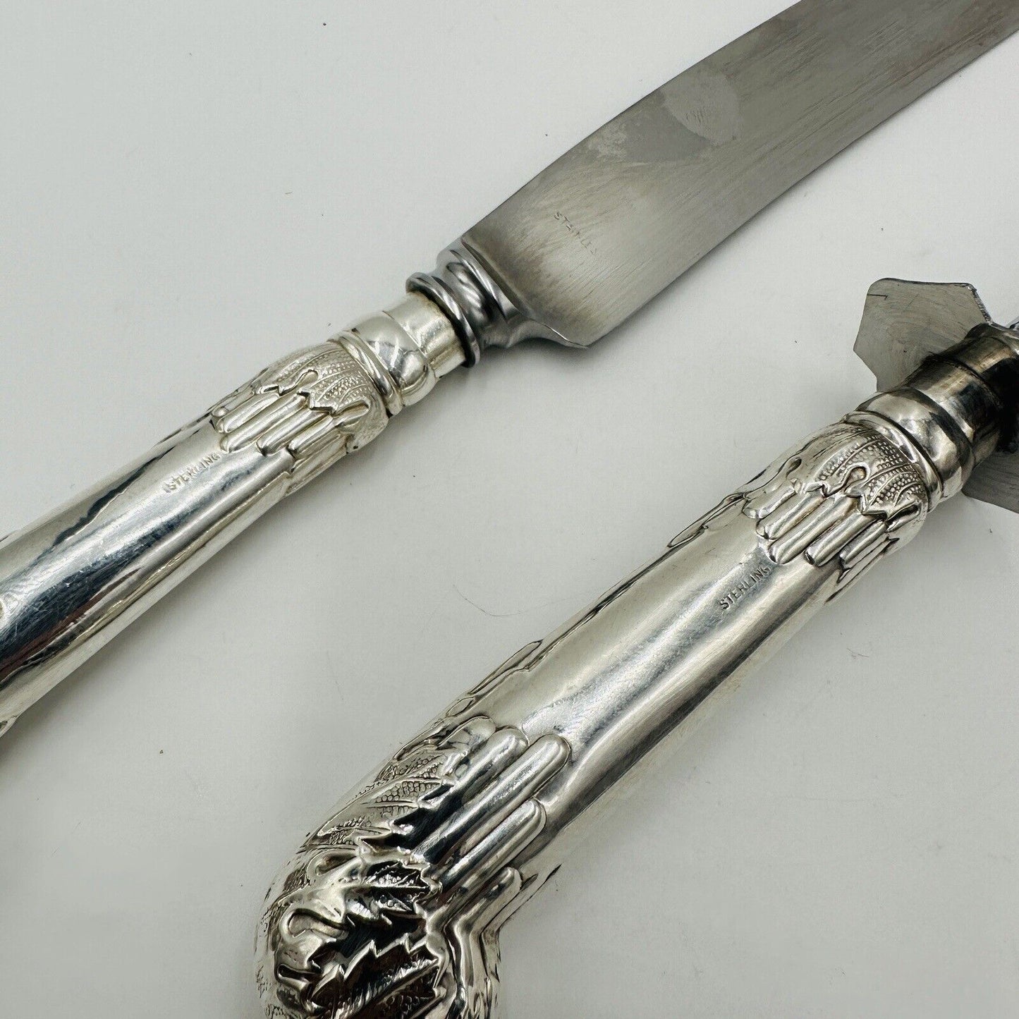 Ambassador Sheffield Knife & Fork Set UK Sterling Silver Handles Carving Art De