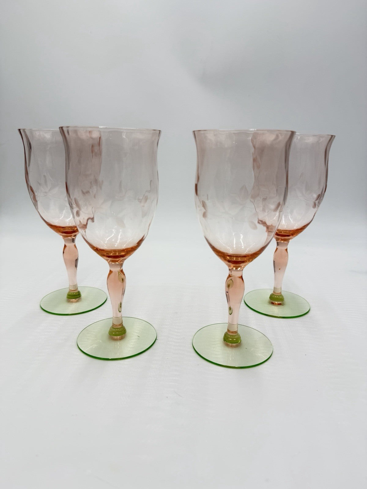 1930 Art Glass Uranium Weston Watermelon Etched Stemmed Wine Glasses 4pcs