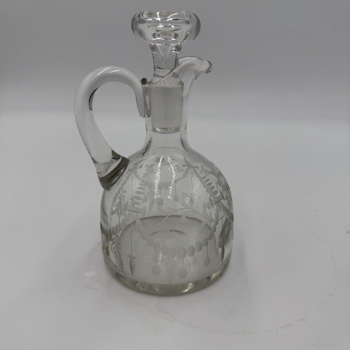 Antique Hawkes Etched Oil & Vinegar pitcher W/ Glass Stopper Rare Signed 5.5in