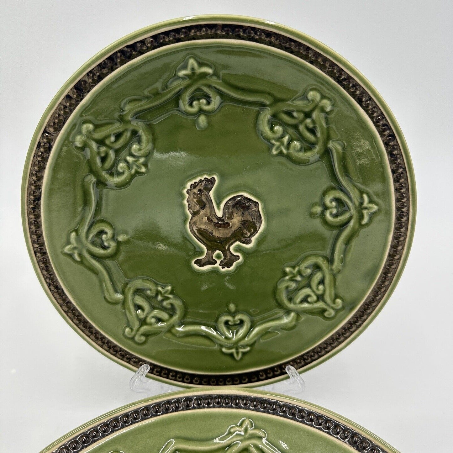 Cracker Barrel Bowl and Plate Set Elegant Rooster Green 9 5/8in X 2in Rimmed